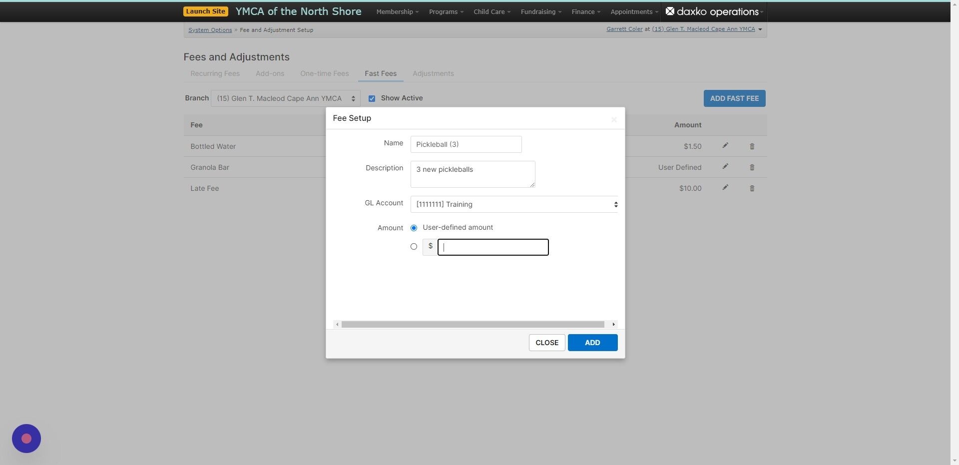 Screenshot of: Fill in all of the information requested including Name, description, GL line and Price of the fast fee