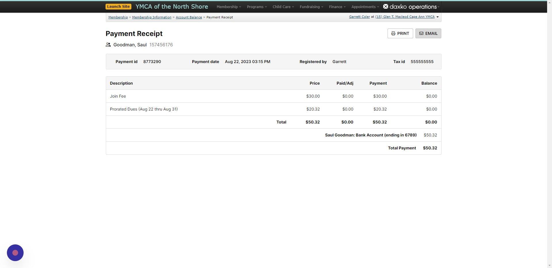 Screenshot of: Email the receipt to the member