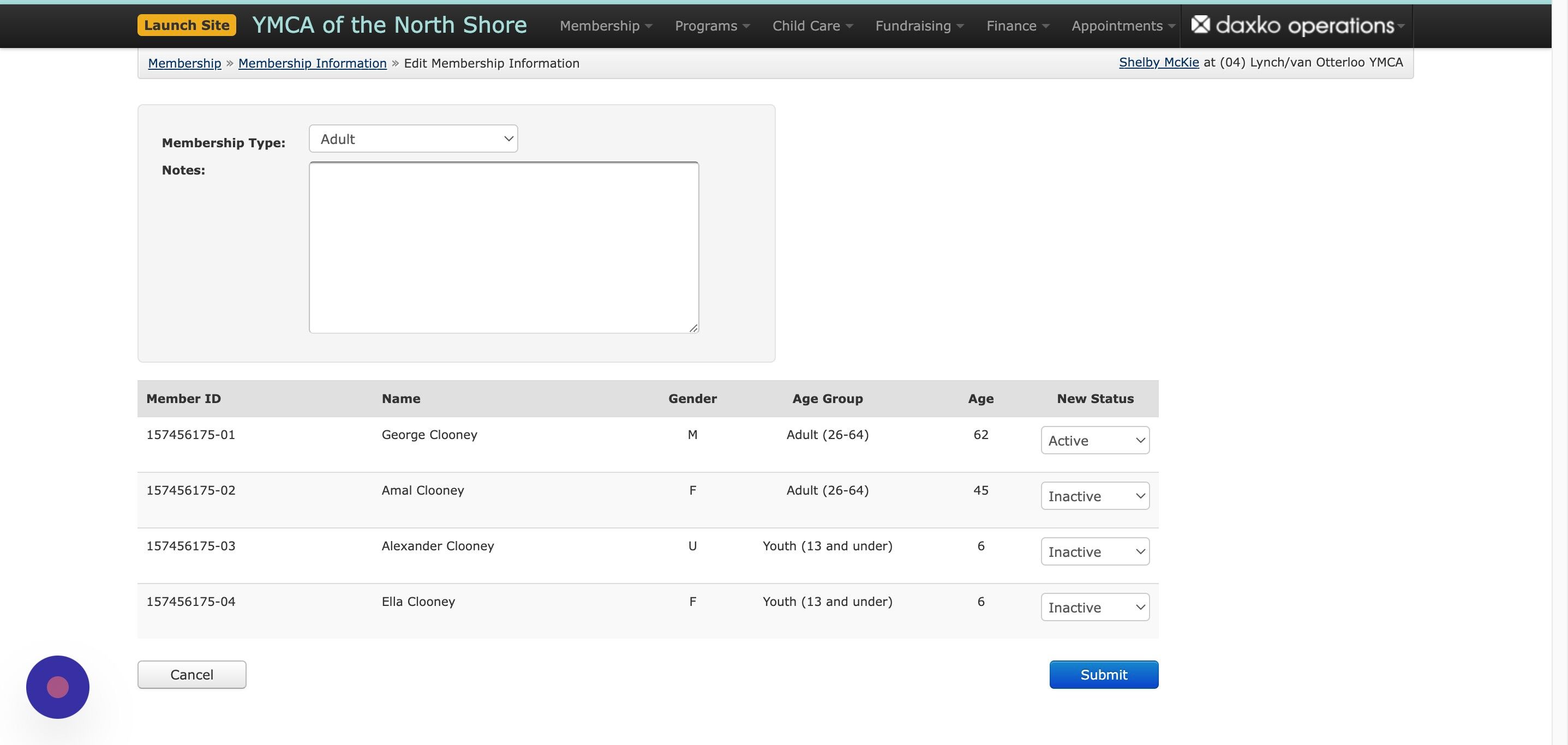 Screenshot of: Click on the Membership Type dropdown menu to select the new package type.