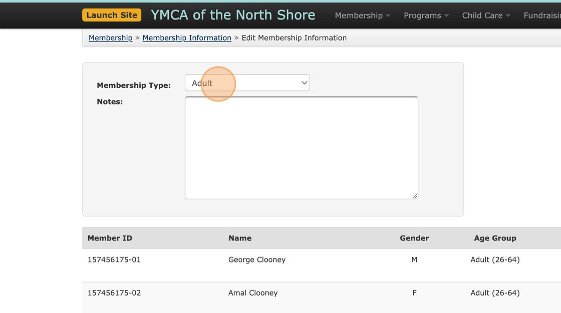 Screenshot of: Click on the Membership Type dropdown menu to select the new package type.