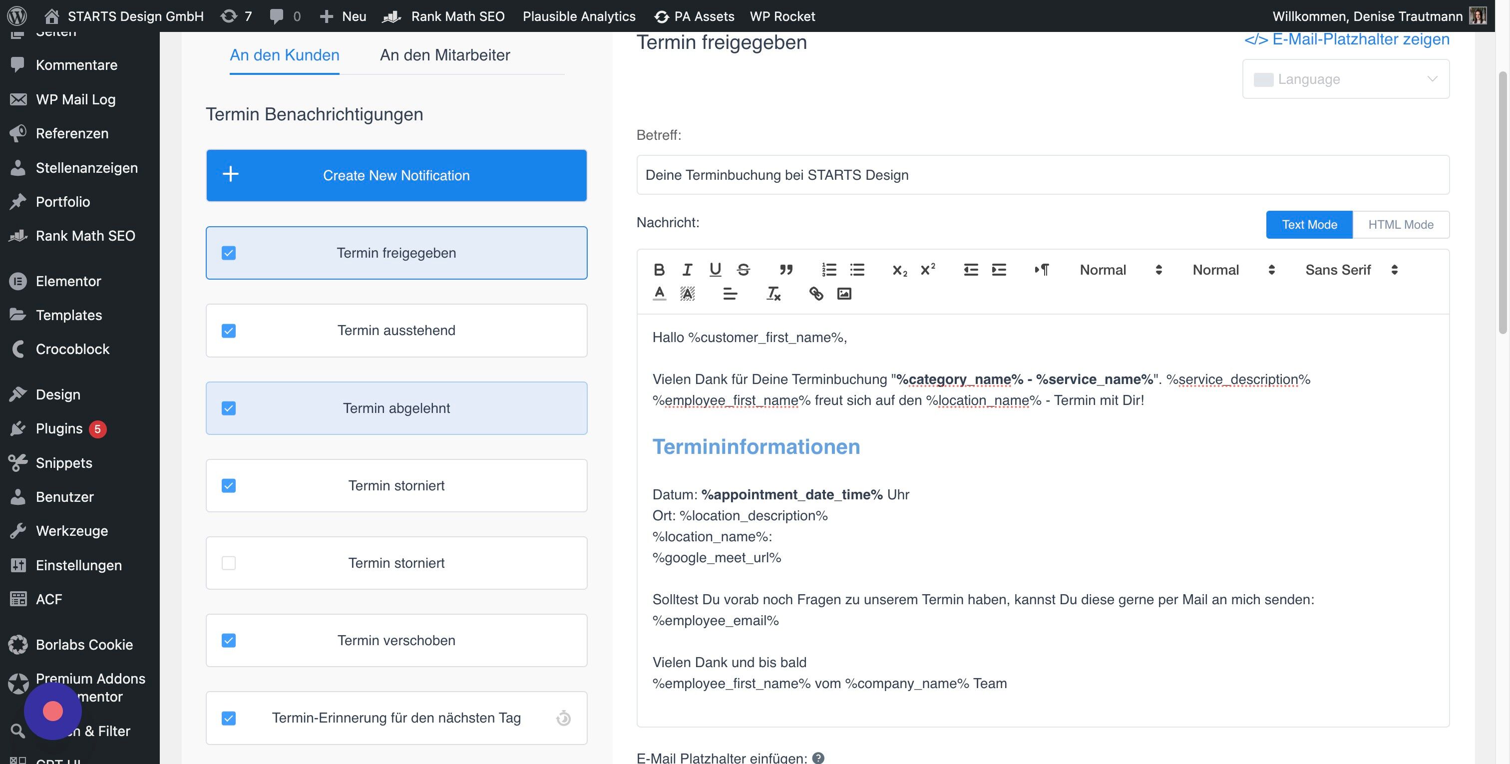 Screenshot of: Es gibt die Möglichkeit verschiedene Benachrichtigungsoptionen anzuwählen, je nachdem, wie Du das Termintool für Dich nutzt.