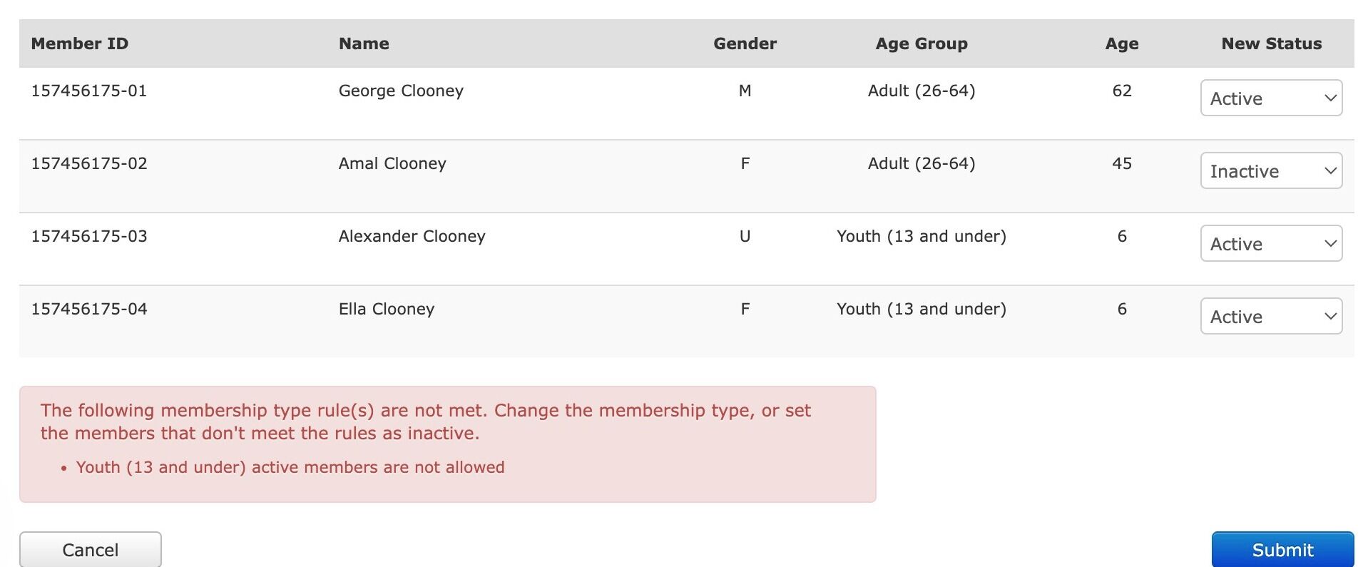 Screenshot of: If you forget to set a member's New Status as 