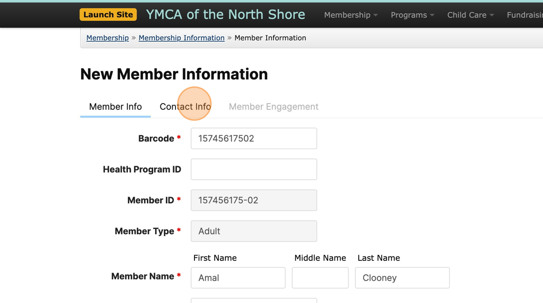 Screenshot of: Be sure to click through the Member Info, Contact Info and Member Engagement tabs to fill in all required information.