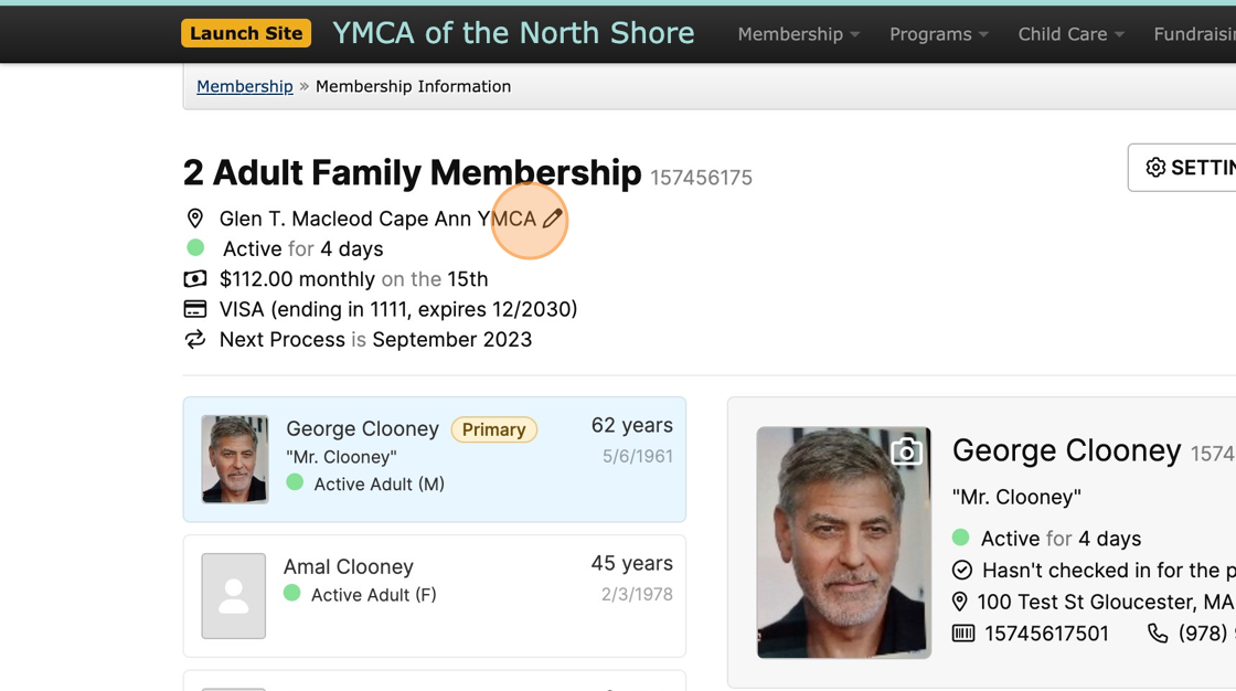 Screenshot of: To change the Membership Package, select the Edit pencil next to the YMCA branch under the membership type.