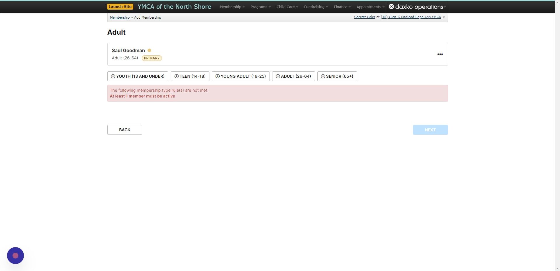 Screenshot of: On the next page select the prospect as the new member you want to add 