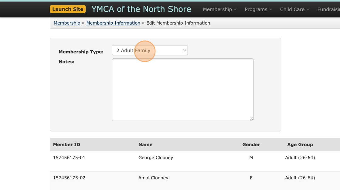 Screenshot of: Use the Membership Type dropdown menu to select the new package.