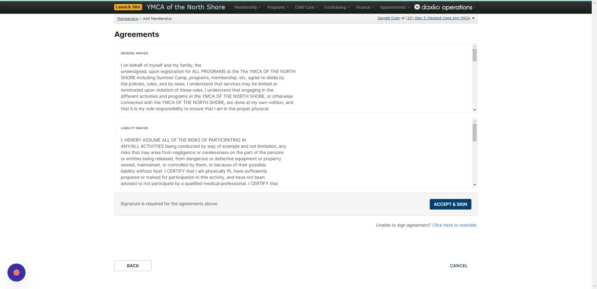 Screenshot of: Accept the waivers and sign