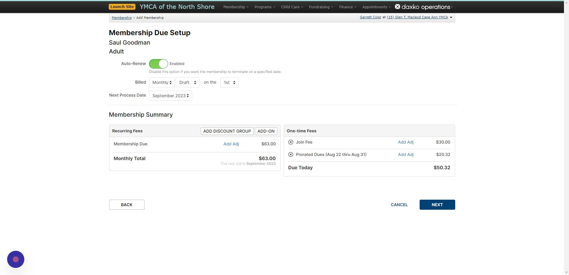 Screenshot of: Set the draft day to either the 1st or 15th and double check the amount to be charged, Then select 