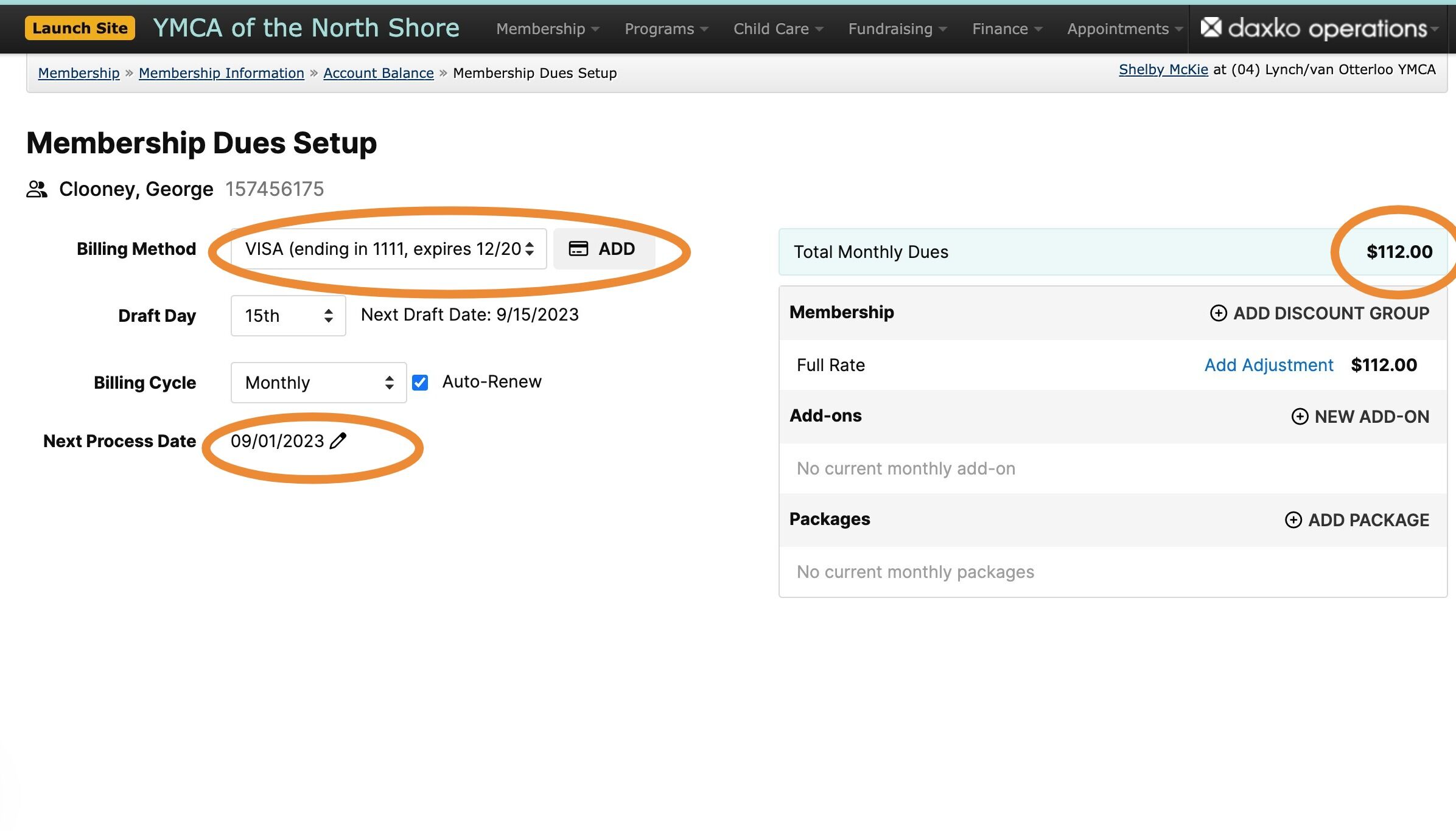 Screenshot of: Once arrive at the Membership Dues Setup page, you may review the billing method and next process date with the member. We will not charge anything to process an upgrade - the new fee will apply with the next billing cycle. The upgrade is now complete.