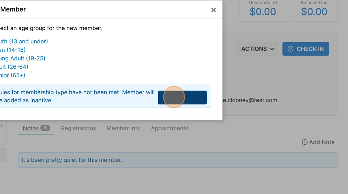 Screenshot of: The system will alert you that you are adding this person as an inactive member, as the current package cannot include more members until it is upgraded. Proceed by clicking the 