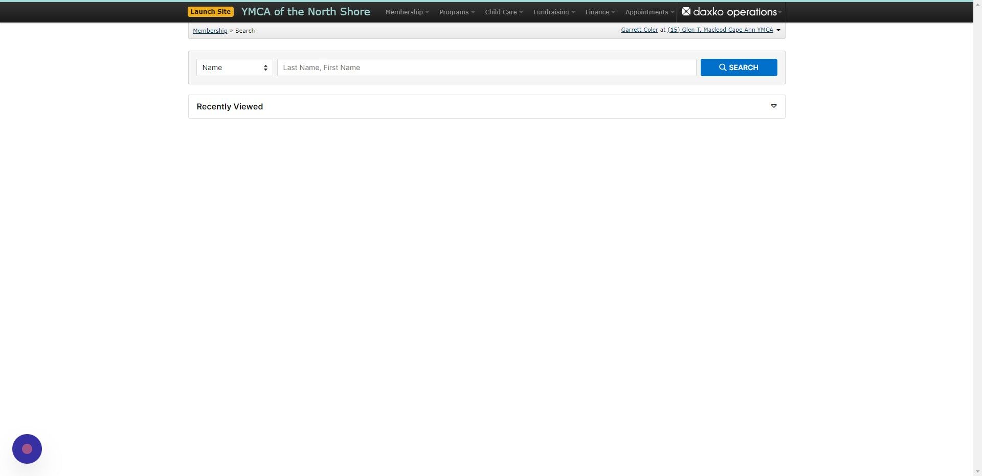 Screenshot of: To set up a fast fee click on the daxko operation main menu (Top Right)