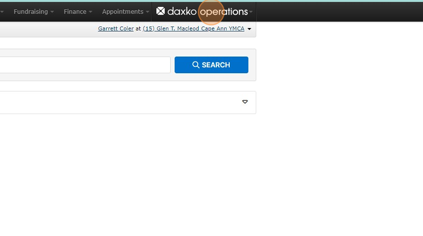 Screenshot of: To set up a fast fee click on the daxko operation main menu (Top Right)