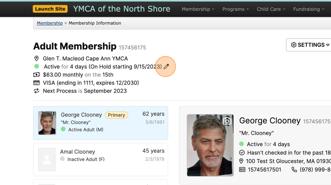 Screenshot of: From the Membership Information page, click on the Edit pencil next to the Active status to Release or Extend a member's hold.