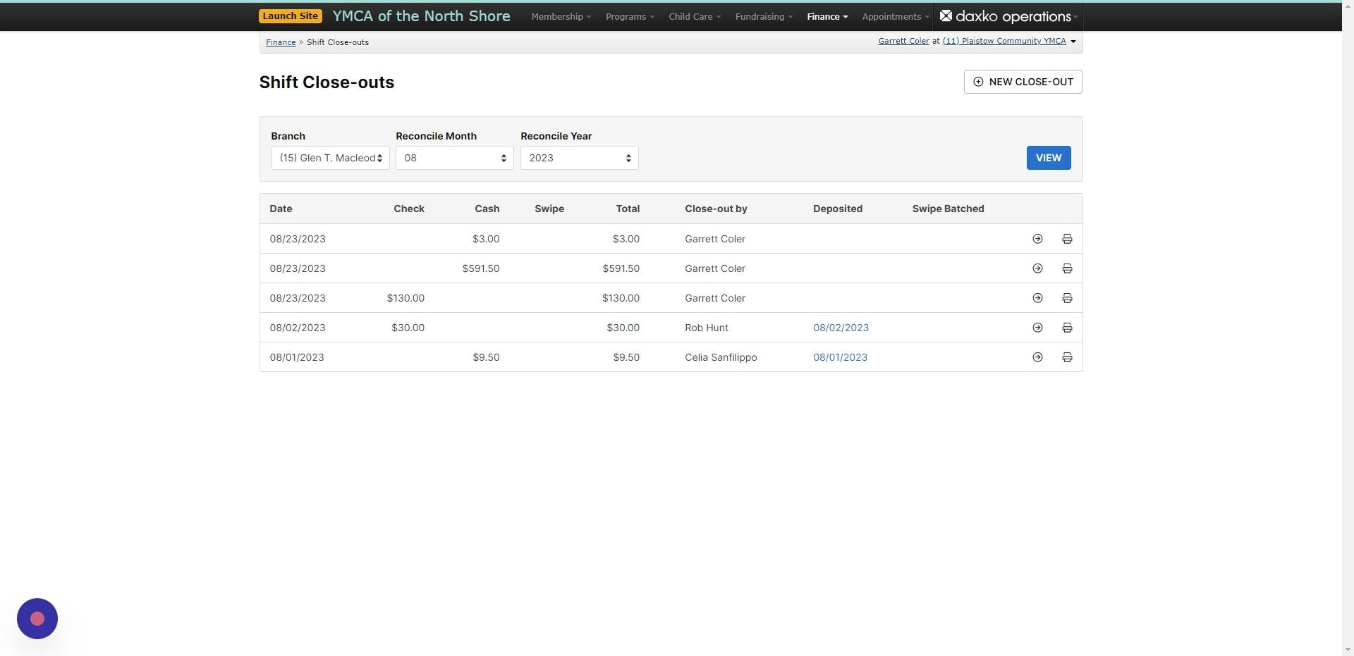 Screenshot of: To start the Deposit process click on Finance