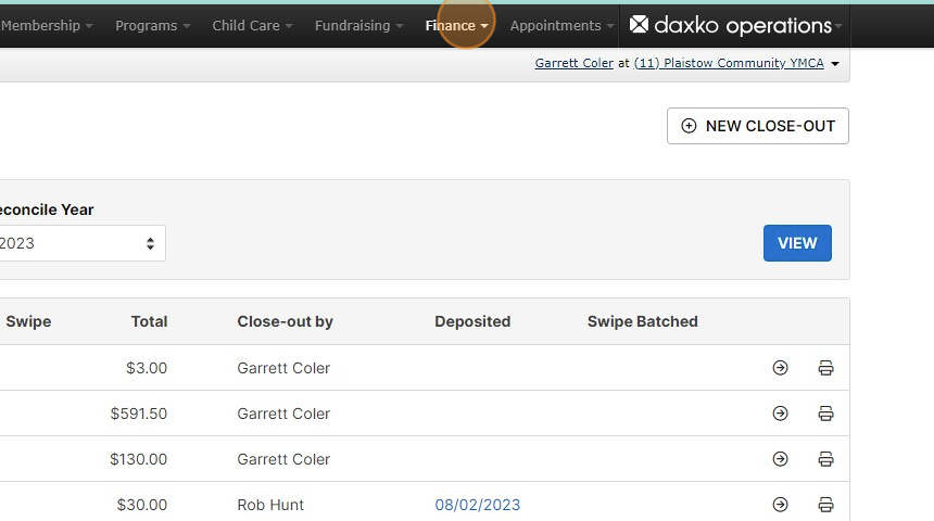 Screenshot of: To start the Deposit process click on Finance