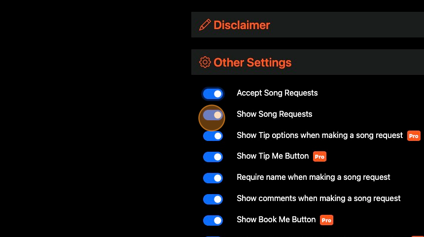 Screenshot of: Click the "Show Song Requests" field to show the song requests to your audience. You can accept song requests and turn off show song requests if you don't want your audience to see what songs have been requested