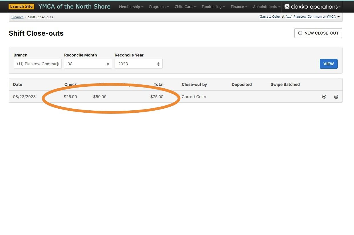 Screenshot of: Once complete click on the print button and print your close out sheet. 