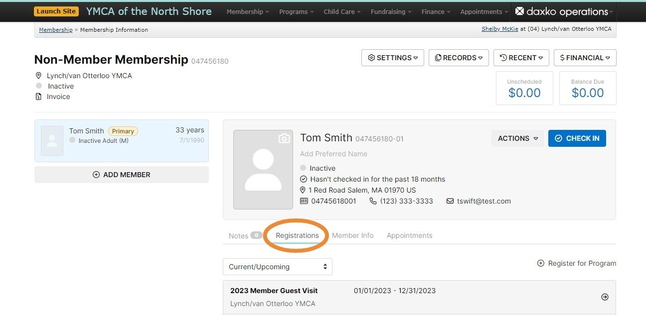 Screenshot of: From here you can view the Member's enrollment in the Guest benefit under their Registrations tab. A customer can only enroll in this benefit once per year, if you see that a member already has a Guest Visit Pass sold within the current year, they will need to purchase a Guest Pass or enroll in a monthly membership.