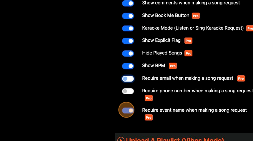 Screenshot of: If you want the audience member to enter the event name when making a song request, click "Require event name when making a song request". If you plan on using the Upcoming events section, then you should not enable this option because the Upcoming events already includes this