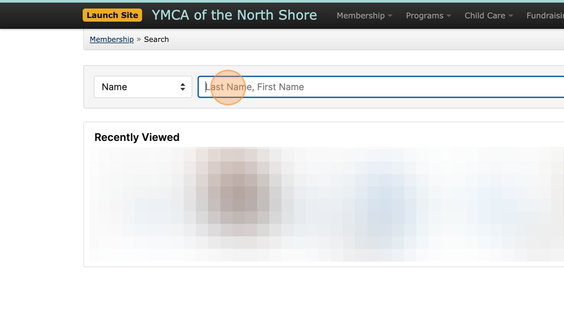 Screenshot of: Pull up the member's information page by typing in their Last, First Name and clicking on the Member.