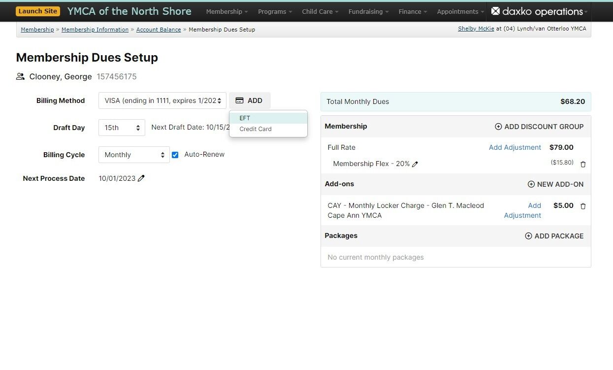 Screenshot of: From the Membership Dues Setup page, you can either add a new EFT/Credit Card.