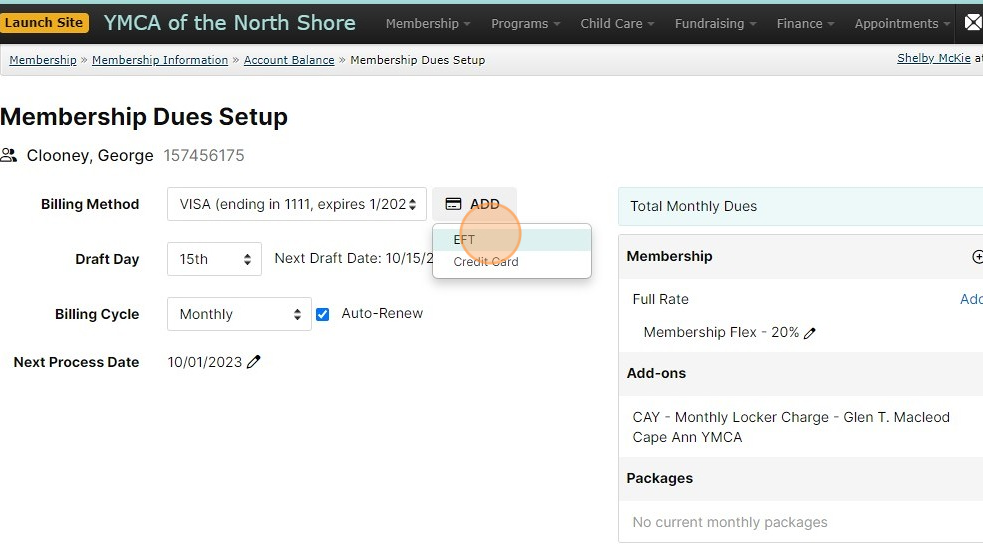Screenshot of: From the Membership Dues Setup page, you can either add a new EFT/Credit Card.