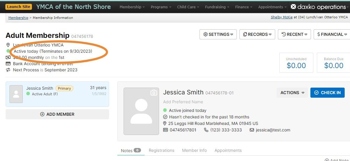 Screenshot of: See here that there is now a date set for this Membership to terminate.