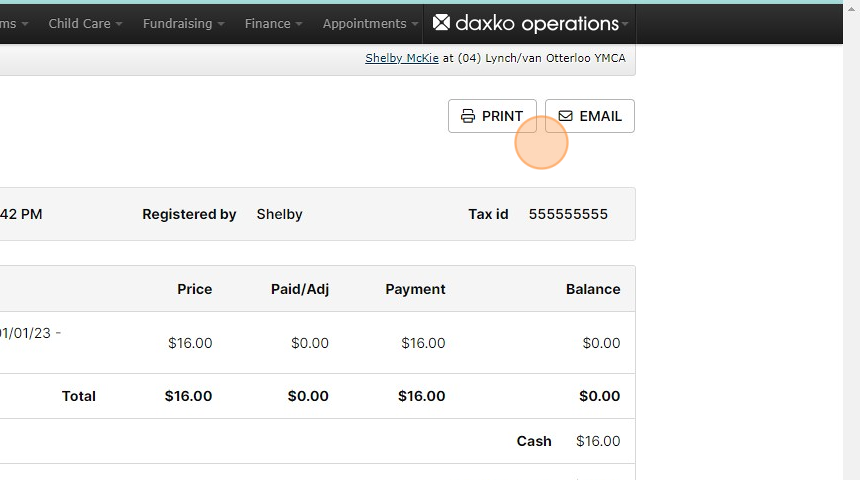 Screenshot of: Here you can either print or email the receipt for the customer.
