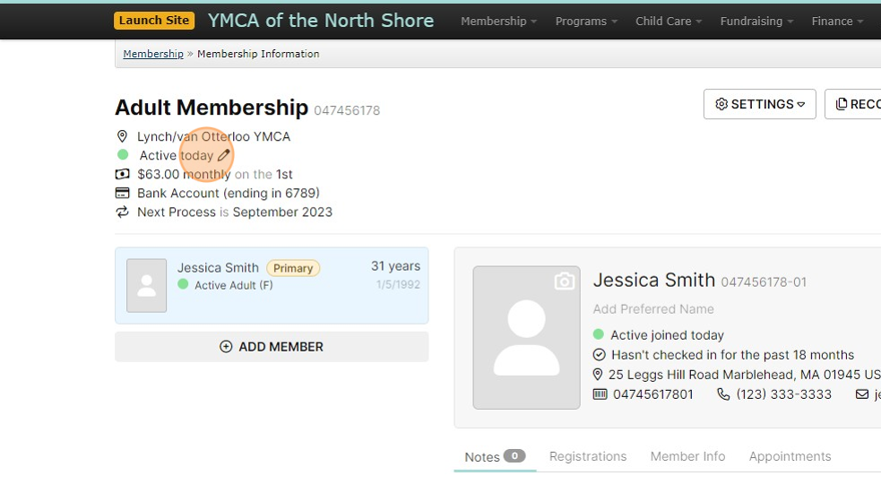 Screenshot of: Search and click on the Member wishing to terminate their membership. From their 