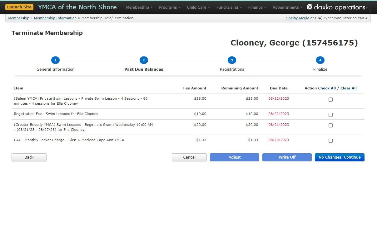 Screenshot of: In the third step, you will review any past-due balances that the member has. Keep these in mind to either handle prior to the cancellation process or immediately after. Click the 
