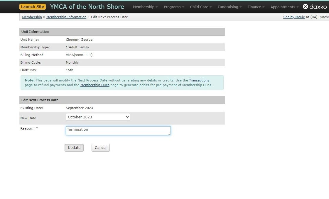 Screenshot of: Edit the Next Process Date to one month past the month of termination. This will ensure that the Unit does not generate dues on the 1st of the month since they will still be active at that point. Type the reason as 