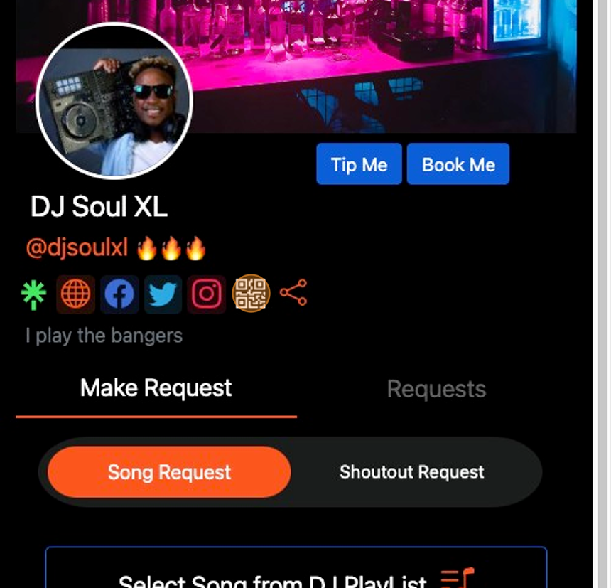 Screenshot of: You can also share your DJ Page directly from your DJ page by clicking the QR code icon
