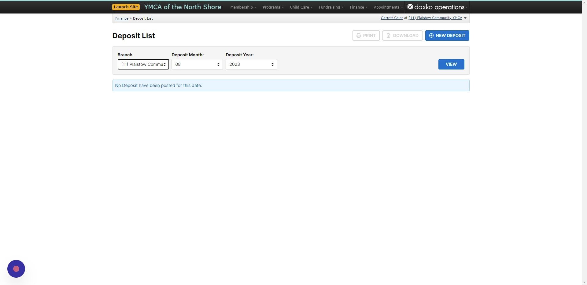 Screenshot of: Once on this page you can filter by YMCA to create deposit slips