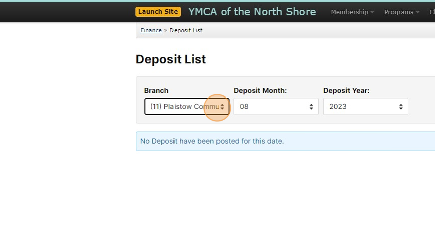Screenshot of: Once on this page you can filter by YMCA to create deposit slips