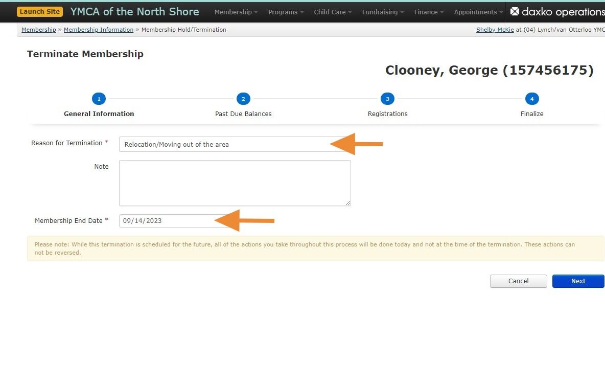 Screenshot of: Use the dropdown to select a reason for the termination, enter any necessary notes, and enter the Membership End Date. For those drafting on the 1st of the month, choose the last day of the month. For those drafting on the 15th, choose the date the member has paid through (14th of the month).