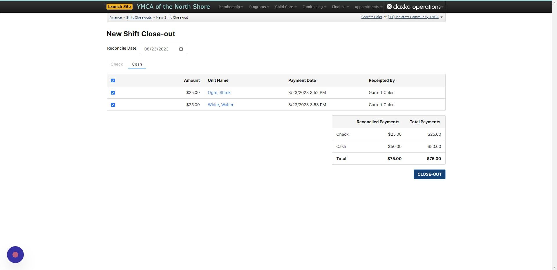 Screenshot of: Click Close out when all payments have been verified and you are ready to complete the closeout. 