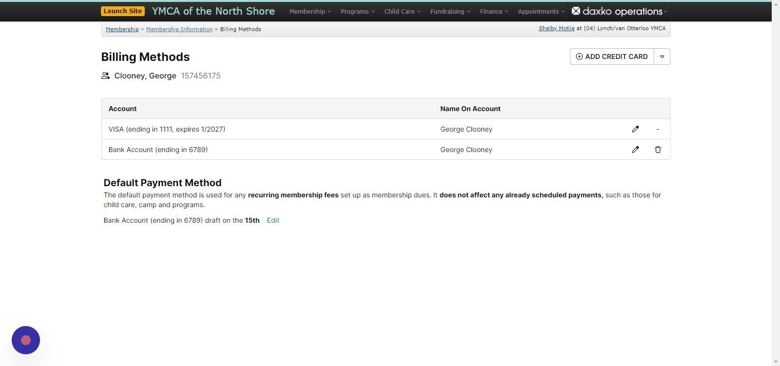 Screenshot of: Now that this new billing method is saved to the member's account, they can use either account to make purchases in the future or for current programming. Use the breadcrumb trail to return back to the 