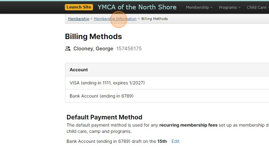 Screenshot of: Now that this new billing method is saved to the member's account, they can use either account to make purchases in the future or for current programming. Use the breadcrumb trail to return back to the 