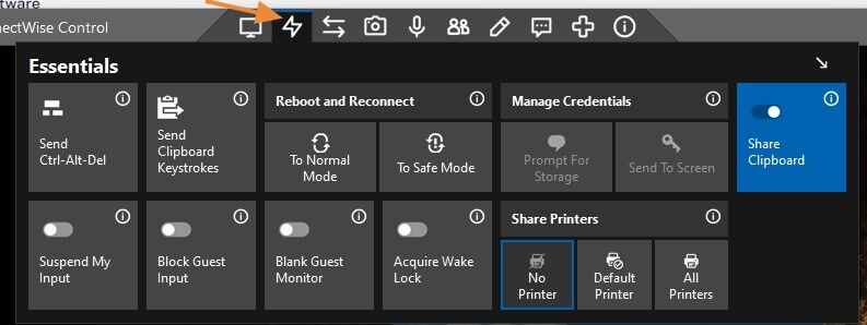 Screenshot of: To send the computer commands use the lighting bolt icon at the top of the window.