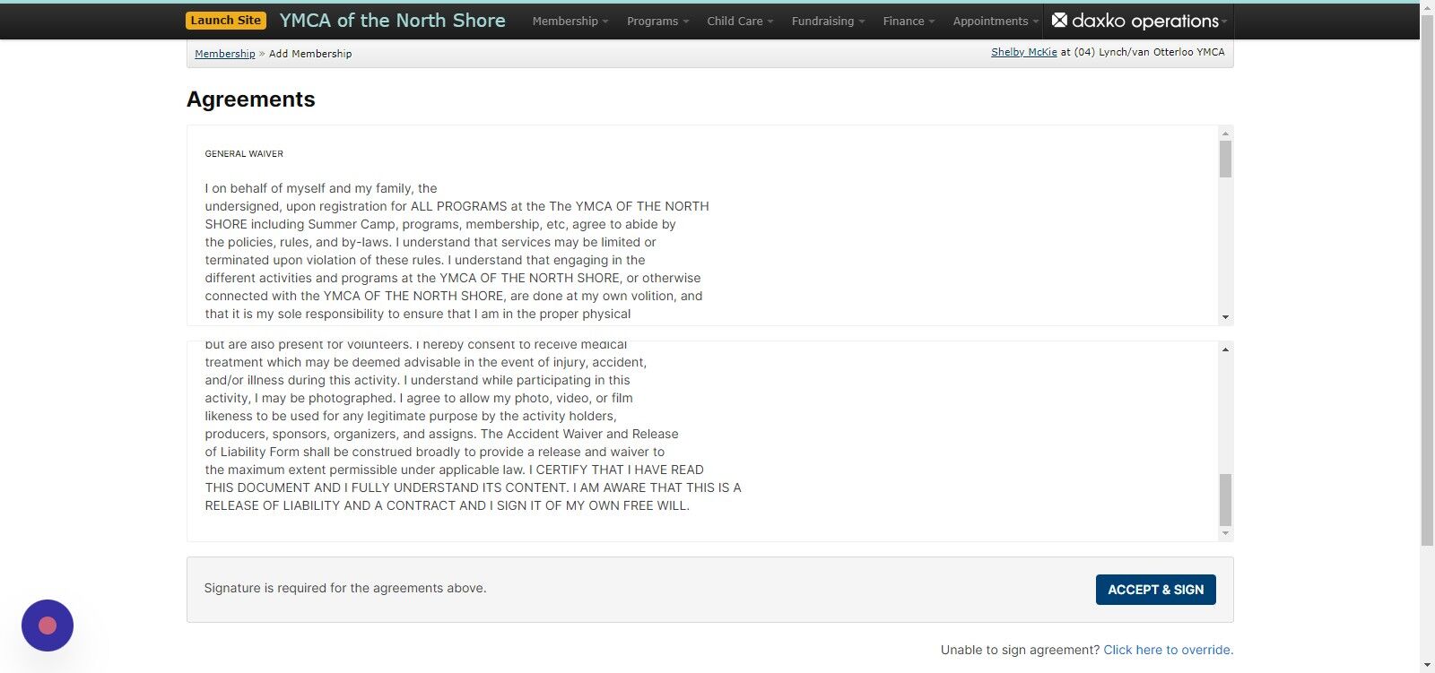 Screenshot of: All non-members visiting our facility will be asked to review and sign our General Waiver. Click the 