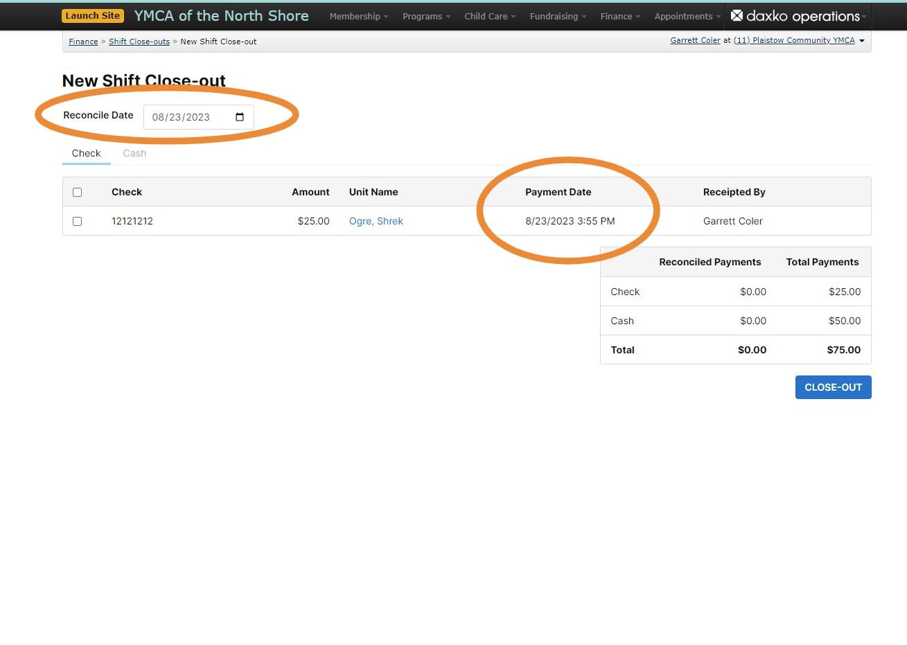 Screenshot of: Verify that the reconcile date at the top of the screen matches the date that the payments were accepted (if it does not, please speak with your Membership Operations Manager before proceeding)