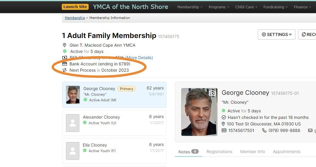 Screenshot of: Here you can see that the Membership will now be billed to the new Bank Account monthly.