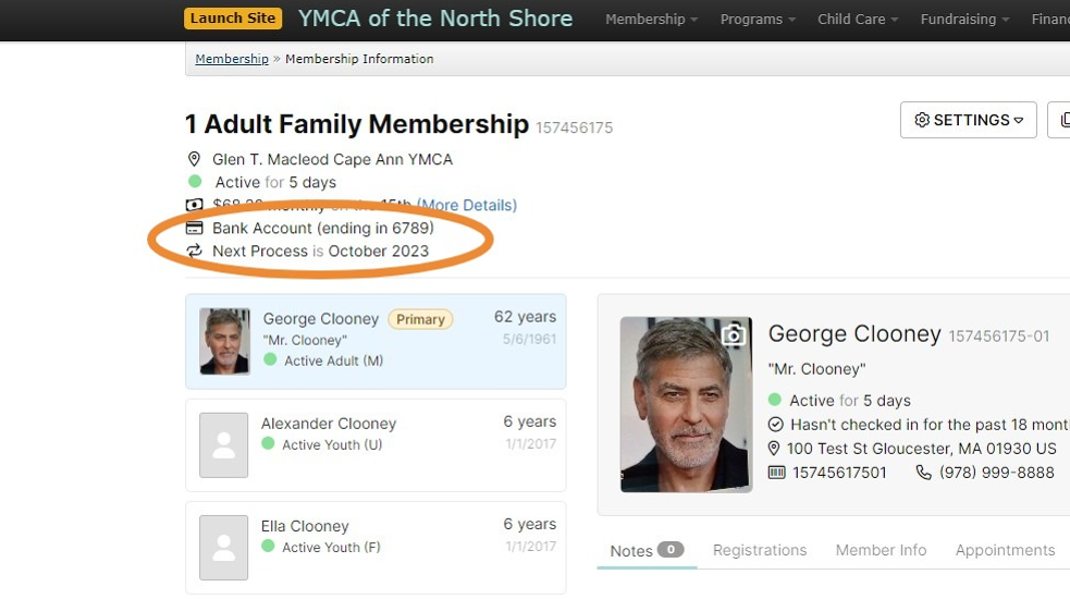 Screenshot of: Here you can see that the Membership will now be billed to the new Bank Account monthly.