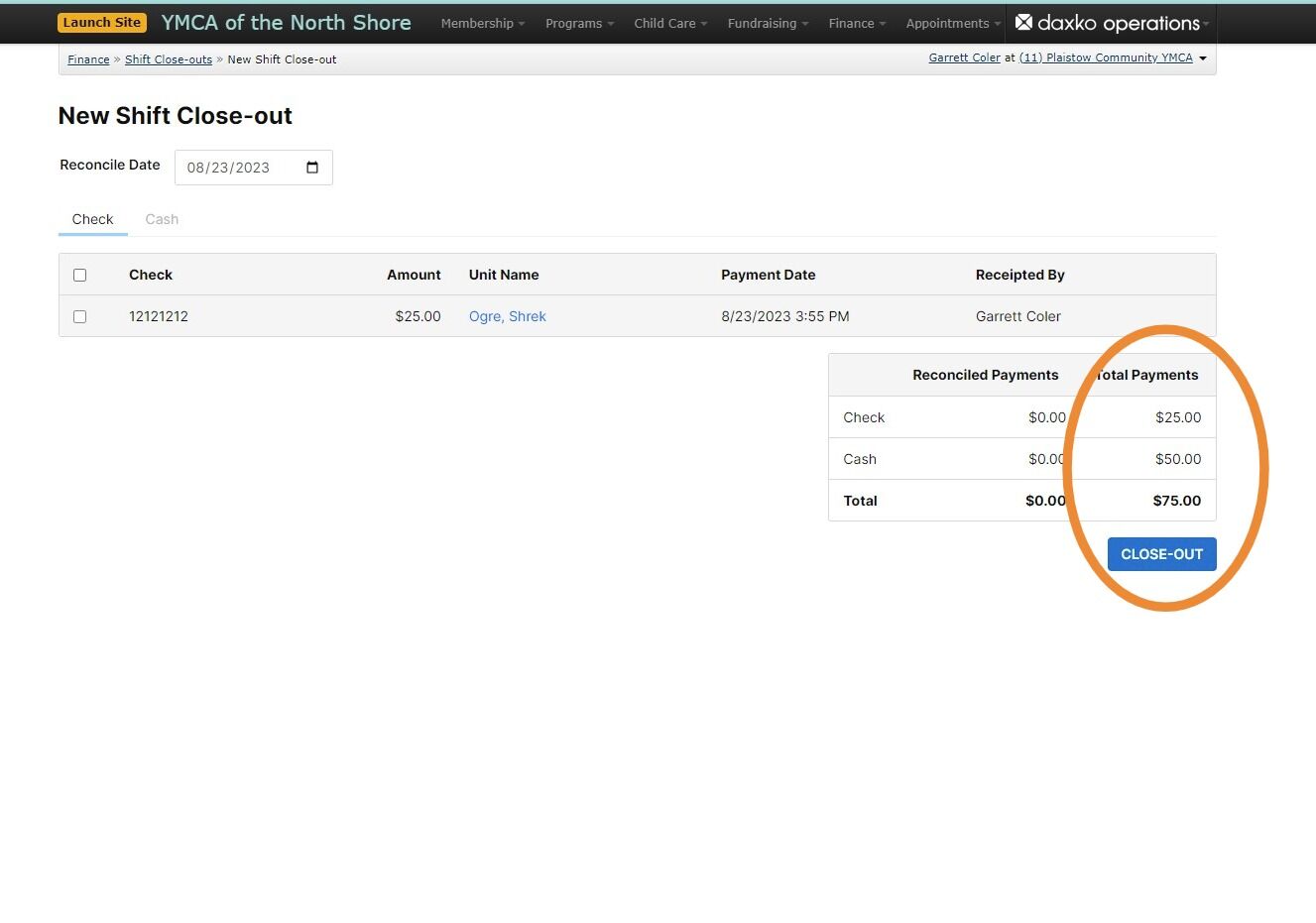 Screenshot of: Daxko will show you the total number of non reconciled payments here at the bottom of the screen
