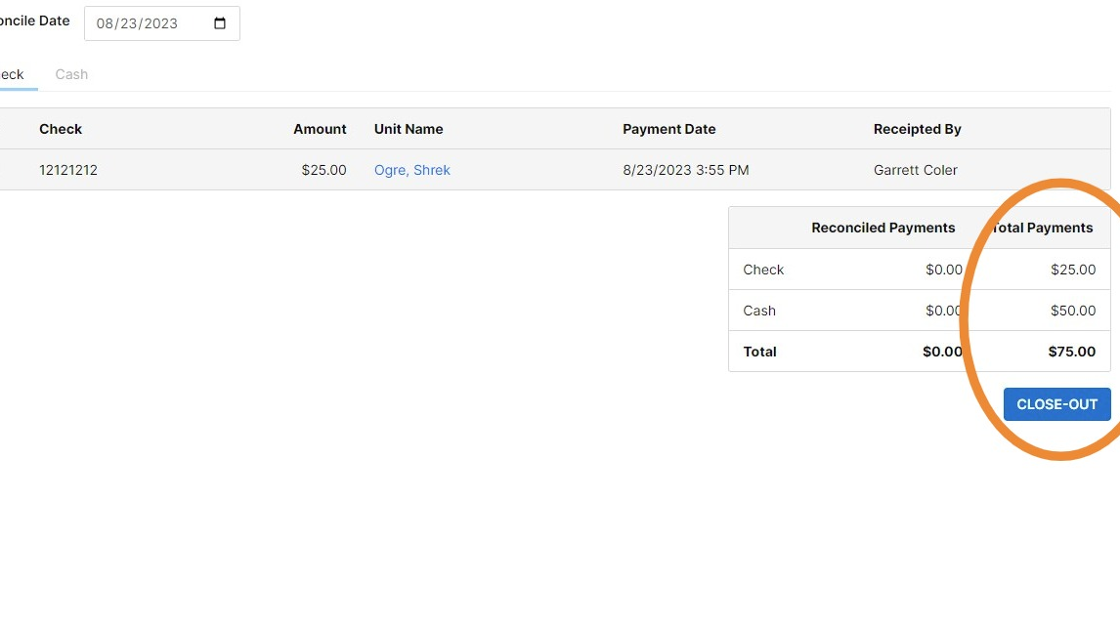 Screenshot of: Daxko will show you the total number of non reconciled payments here at the bottom of the screen