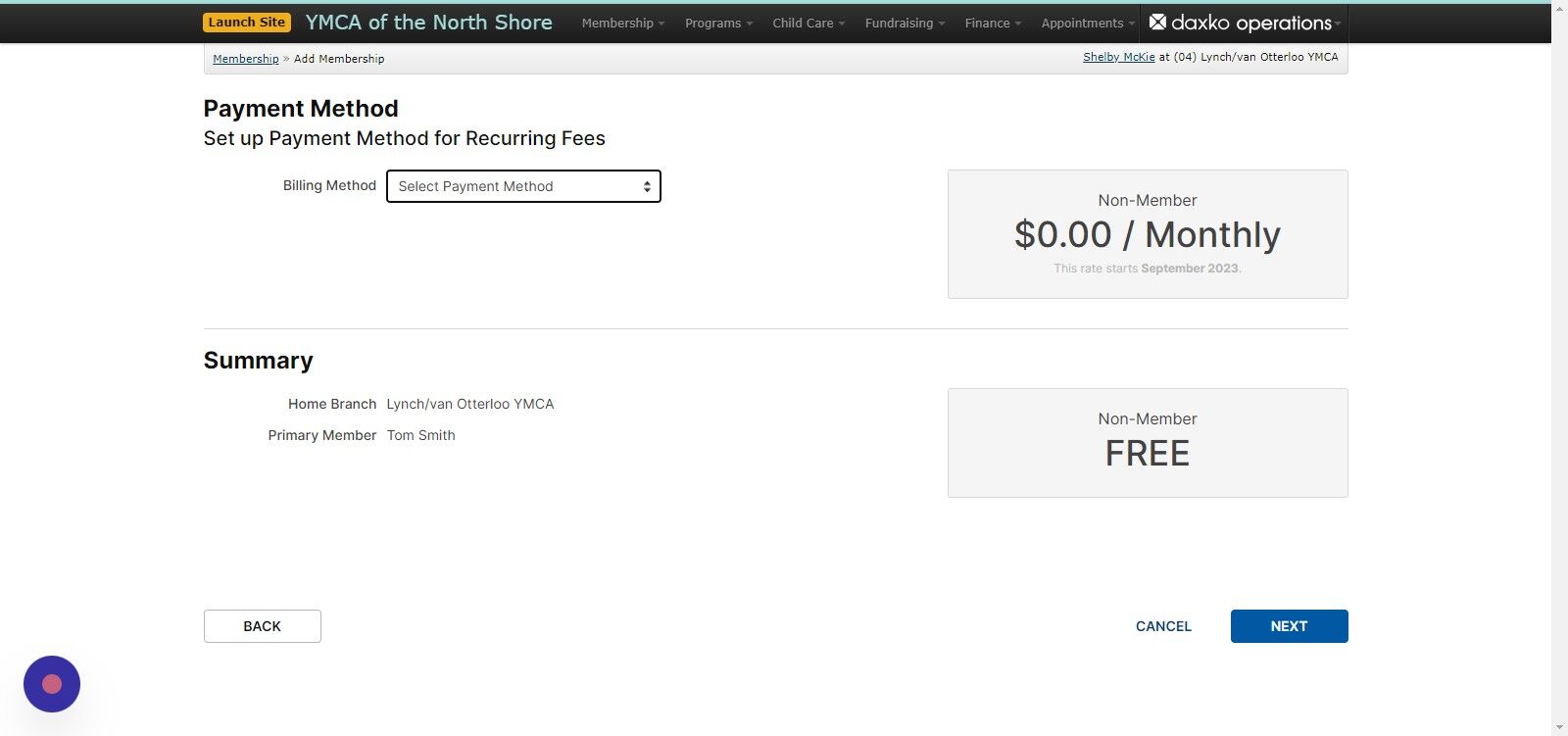 Screenshot of: On the next page, we will be prompted to set up the payment method. Since this is not a monthly billing membership and we are just adding in a non-member, we can skip this step by clicking the 