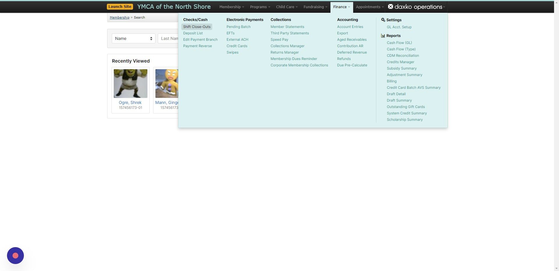 Screenshot of: Click on the Finance tab and navigate to Shift Close outs to verify that all shift close outs from the previous days are accurate and to determine the cause of any variances.