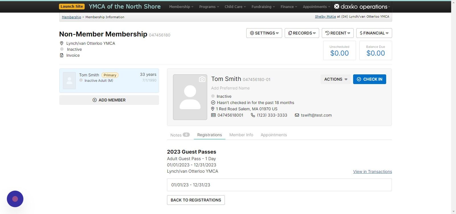 Screenshot of: From the Membership Information page you can view the Guest Pass under the Unit's Registrations tab. To see further information such as purchase date, cost, and payment method, click 