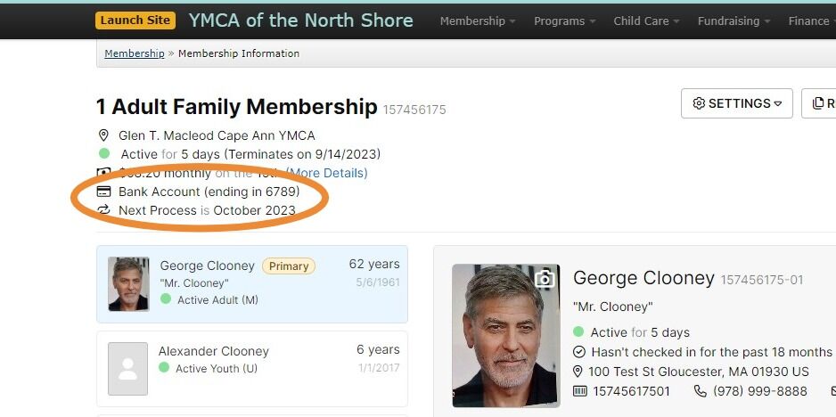 Screenshot of: Here you can see that the Membership will now be billed to the new Bank Account.