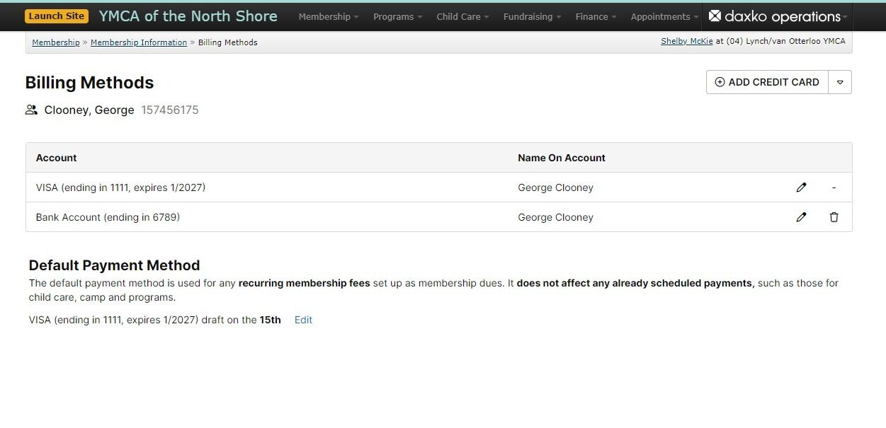 Screenshot of: On the Billing Methods page, select the trash can icon next to the billing method you would like to delete. Note: You cannot delete a stored Credit Card or EFT that is tied to the monthly membership draft or another scheduled payment. Please see the steps above to add a second billing method before removing an old one.